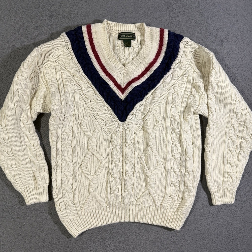Vintage Cable‎ Knit Sailor V-Neck Chunky Pullover Sweater Croft Barrow LG Preppy